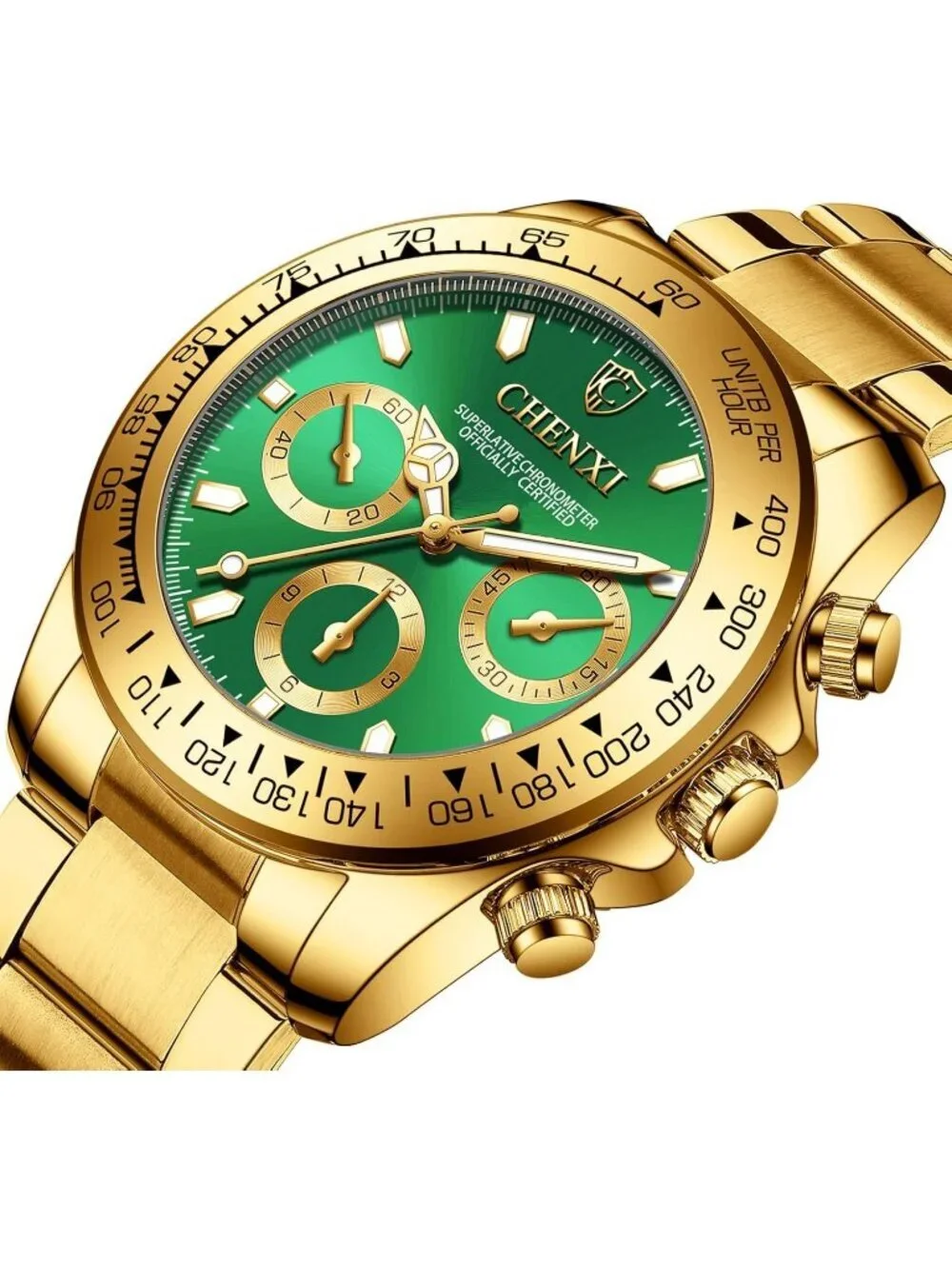 Men's Green Analog Quartz Gold Stainless Steel Crystals Classic Wrist Watch